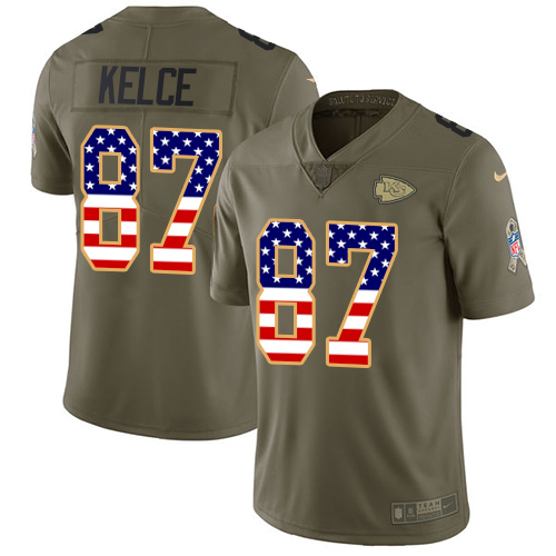 Nike Chiefs #87 Travis Kelce Olive/USA Flag Men's Stitched NFL Limited Salute To Service Jersey